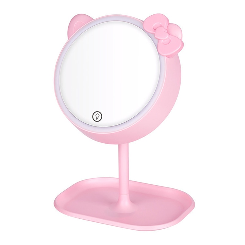 Espejo de maquillaje con orejas de gato rosa, espejo de pie con pantalla táctil, espejo de tocador, luz ajustable, espejos de escritorio cosméticos