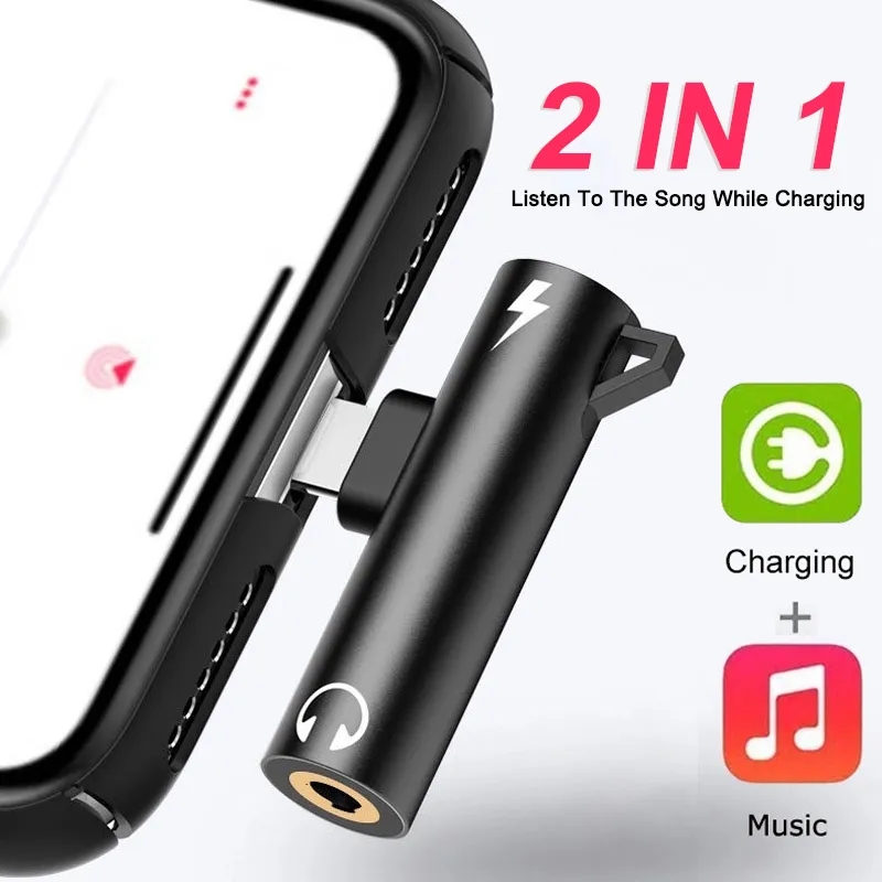 2 IN 1 Audio Headphone Charging Dual Adapter Splitter For iPhone XR XS X 7 8 11 12Pro For 3.5mm Jack to Earphone AUX Cable
