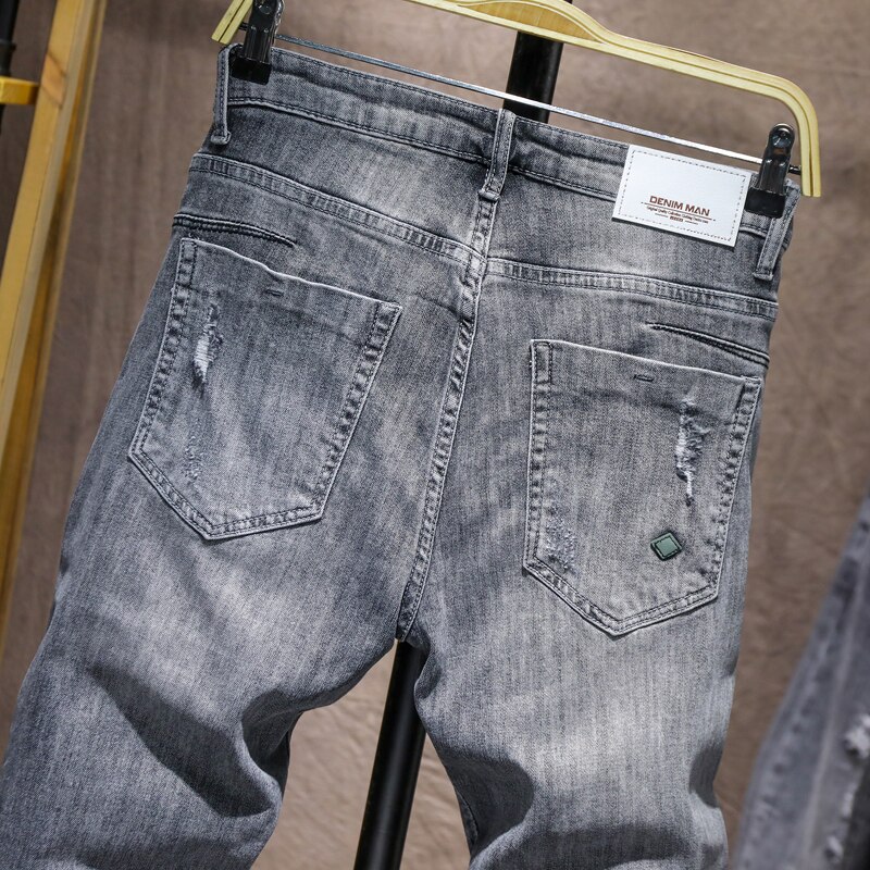Herre ripped skinny jeans grå lyseblå elasticitet high street wear hip hop patchwork biker jeans mandlige denim bukser flosset homme