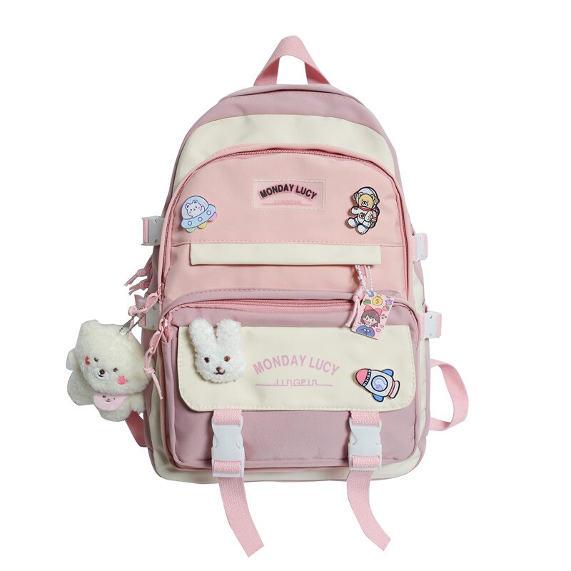 Joypessie Mode Kawaii Schooltas Voor Tiener Waterdichte Nylon Meisjes Bagpack Vrouwen Laptop Rugzak Reistas Zwart Boekentas: pink / with bear pendant