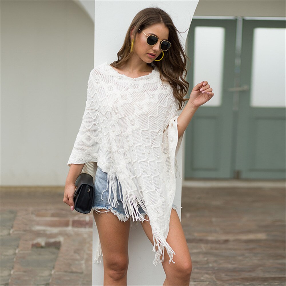 Chal blanco, prendas de vestir exteriores, suéter de punto con borla, capa holgada informal para mujeres, suéter, chal, Poncho de primavera Otoño, capa Irregular con dobladillo