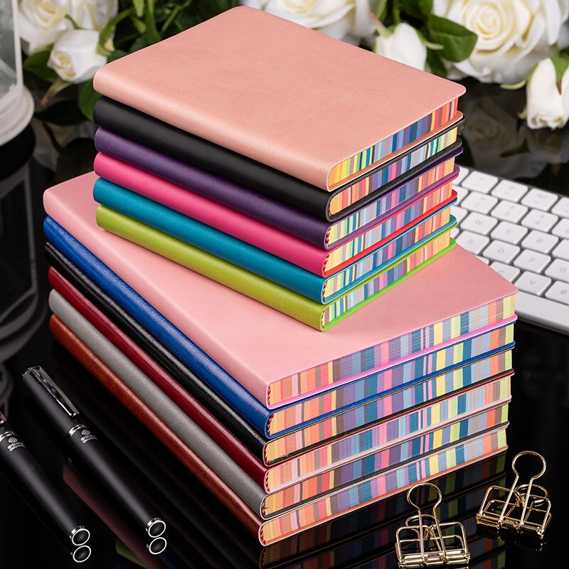 A5/A6 Soft Surface Cute Notebook 100 And Simple Notes With Rainbow Edges Thick Leather Diary Office Stationery