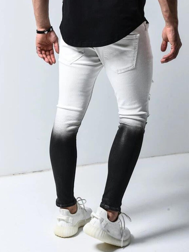 Jean Stretch déchiré pour hommes, pantalon en Denim, coupe Slim, Streetwear, dégradé blanc noir, crayon moulant