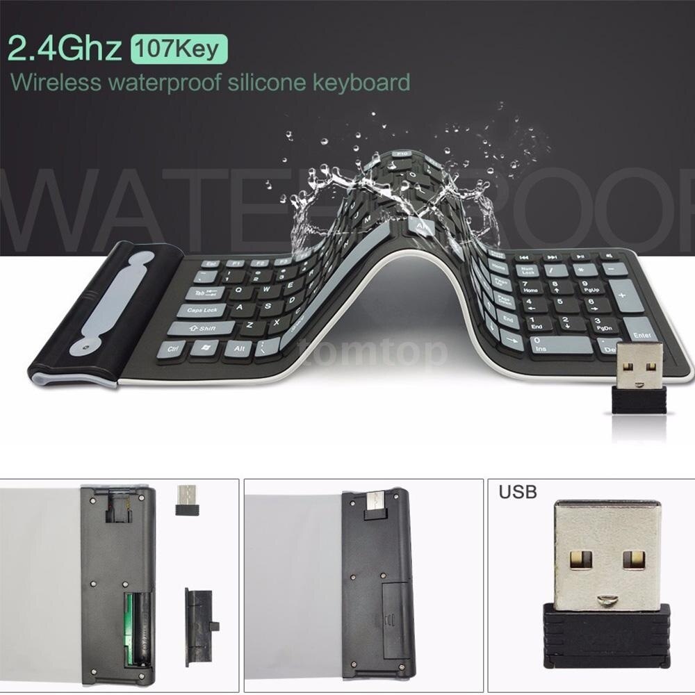 2.4 Portable Wireless Keyboard Flexible Roll Up Water Resistant Washable Soft Silicone Keyboards with USB Receiver for Computer