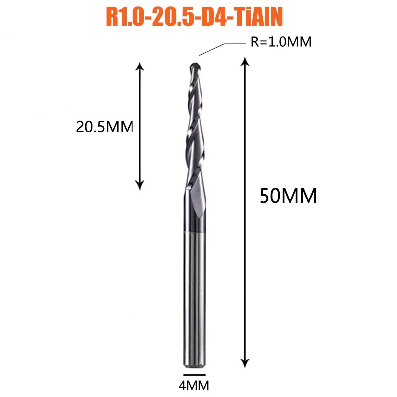 1 Pcs Tungsten Vhm Gecoate Taper Ball Nose Cnc Frezen Frezen Voor Hout En Snijders Voor Metalen end Mill: R1.0-20.5-D4