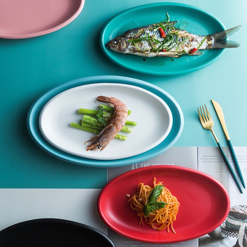 Nordic 12 inch flat side oval ceramic plate hotel home salad steak pasta kitchen kitchen utensils