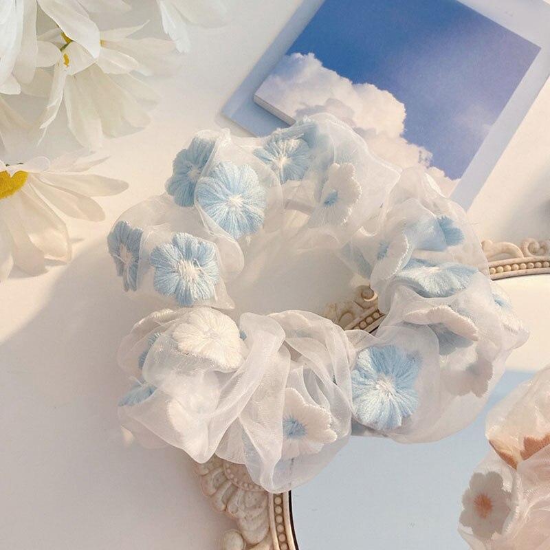 Coleteros de malla Organza con flores bordadas, lazos para el cabello, banda de goma romántica, coleta transparente, accesorios para el cabello: Azul