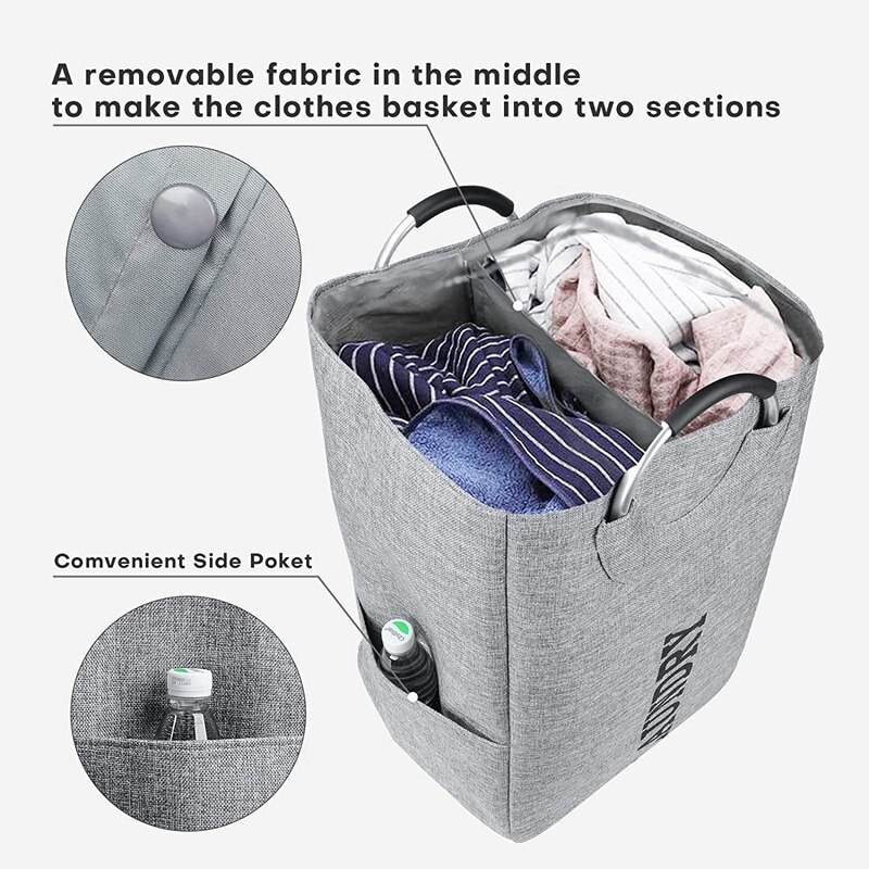 Double Laundry Hamper with Handle, Large Collapsible Laundry Hamper, Laundry Basket for Dorm Room, Dirty Clothes Basket