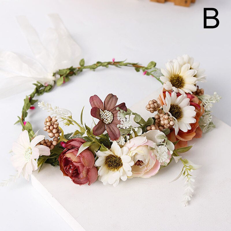 Flower Headband Spring Bohemian Flower Crowns Floral Garland Faux Rose Wedding Wreaths Braided Hair Vine Headpiece Hair Ornament: B