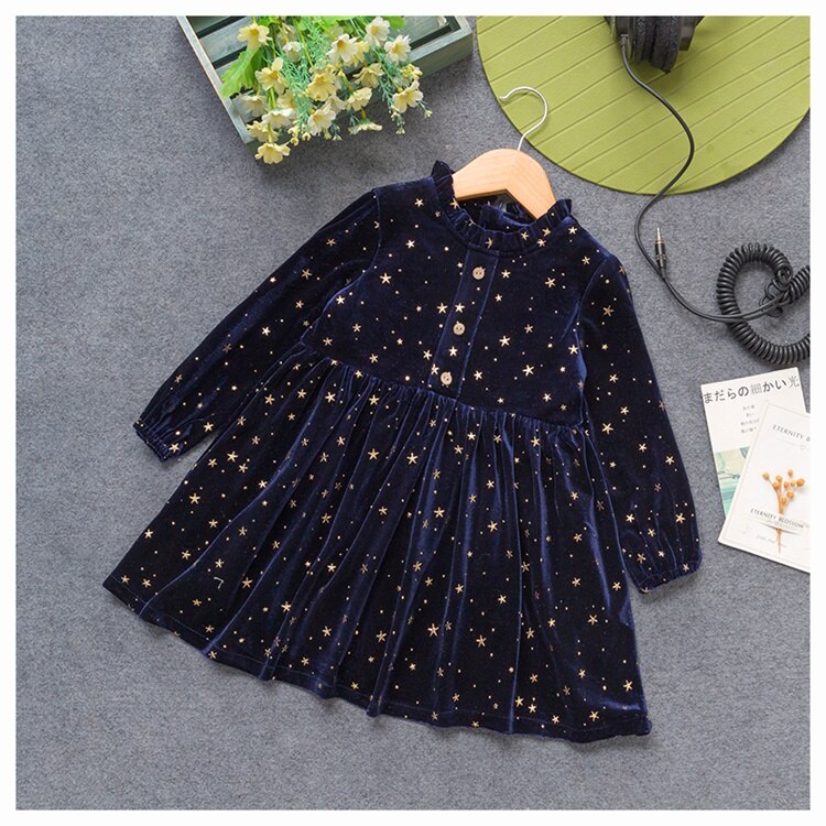 2-8 Years Fancy gold stars blue velvet Dress for Girls Princess bling bling Birthday Party Dresses Kids Dresses for Baby