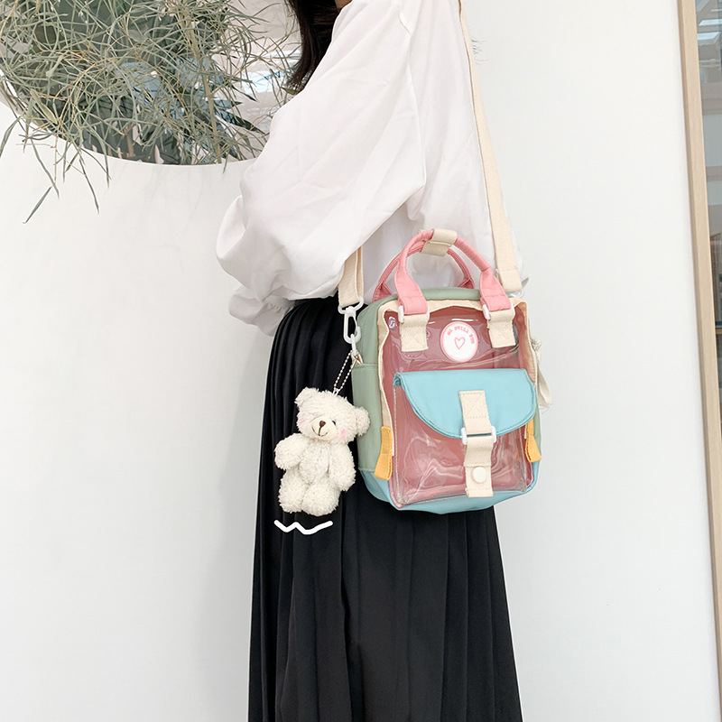 XZP Cute Trendy Lady Jelly Bag Transparent Canvas Stitching PVC Waterproof Beach Bag Inclined Crossbag Square Bag Portable Baozi