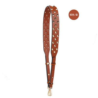 PU Rivet Wide Crossbody Bag Strap For Women PU Adjustable Long Handbag Belt Female Metal Replacement Shoulder Bag Strap: Brown (Gold)