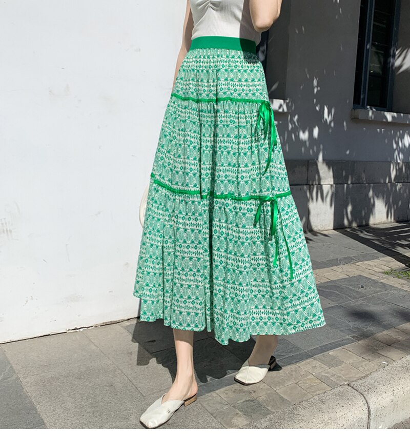 Faldas de estilo Retro para mujer, étnico, cintura alta elástica, Tencel, algodón, lino estampado, para vacaciones en la playa, verano,: Verde