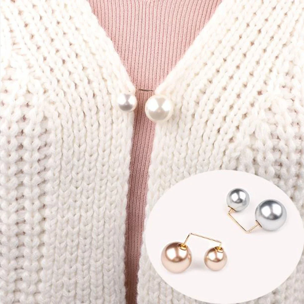 Women Tightening Waistband Pin Double Pearl Brooches Metal Lapel Pin Brooch Pins Sweater Shirt Cardigan Brooch