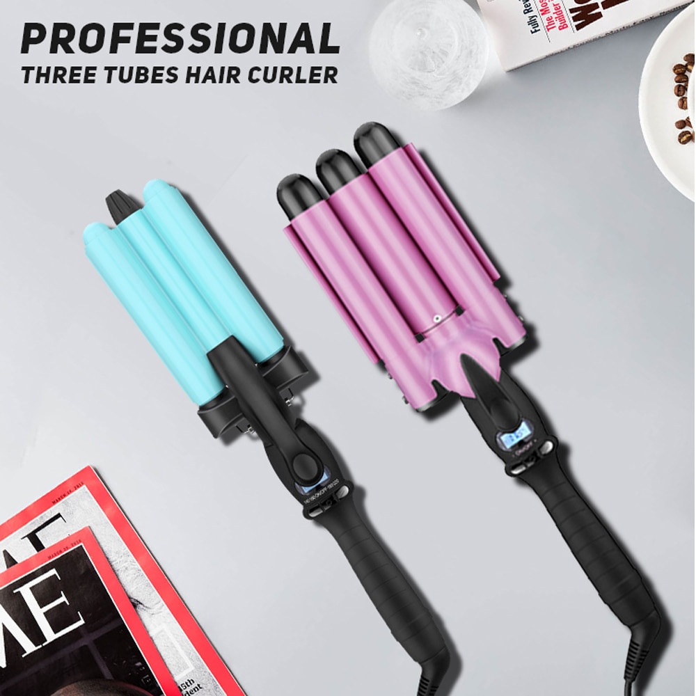 LCD Digital Display Hair Curling Iron Machine Hair Crimper Automatic Curls Air Hair Curler Electric Splint 3 Tubes Hair Curlers