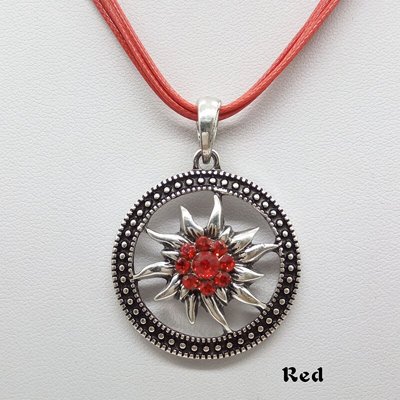 Vintage Zilveren Gesneden Edelweiss Ketting Hanger Zonnebloem Dirndl Traditionele Duitse Sieraden: red