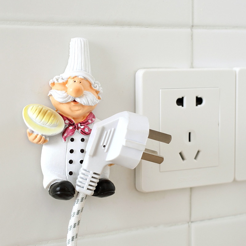Cartoon Chef Plug Holder Power Cord Socket Hanger Organizer Wall Hanging Hook Resin Kitchen Hooks Gadgets Self Adhesive