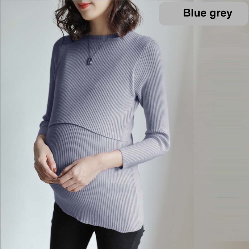 Zwangerschapskleding lange mouwen dames tops slanke voedingskleding herfst winter dames trui comfortabele zwangerschapsoutfit: Blauwgrijs