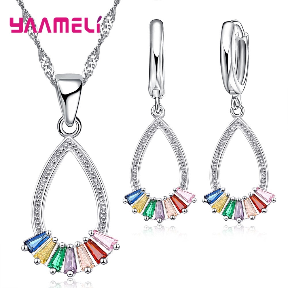 Elegante 925 Sterling Silber Frauen Schmuck setzt Bunte AAA Zirkon Klassische Wasser Tropfen Anhänger Halskette Band Ohrringe