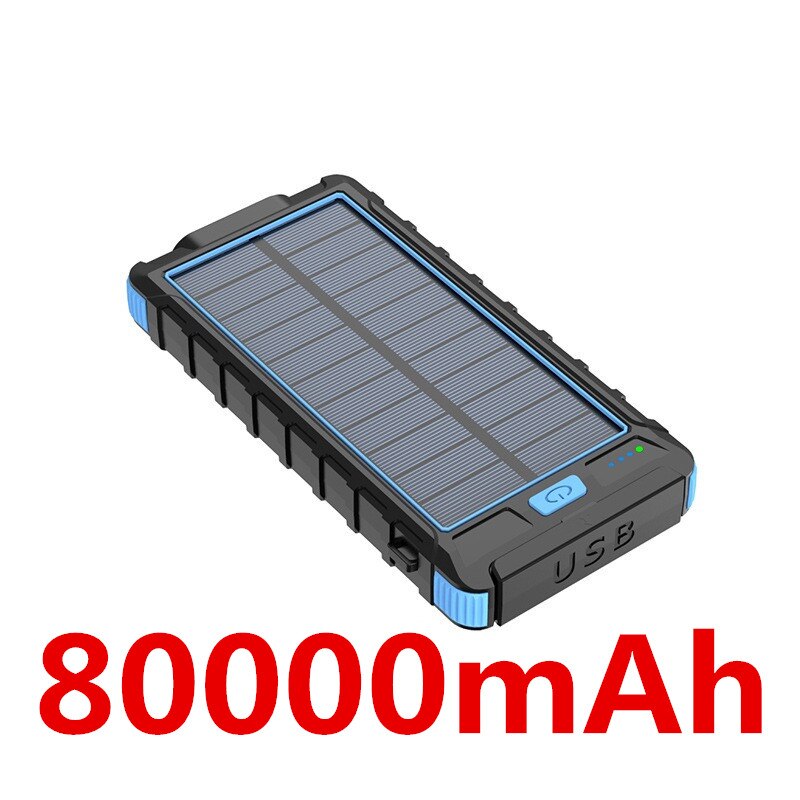 Solar Power Bank Waterdichte 80000Mah Solar Charger Usb-poort Externe Lader Voor Xiaomi 5 5s Smartphone Power Bank Met led Licht: blue-80000mAh