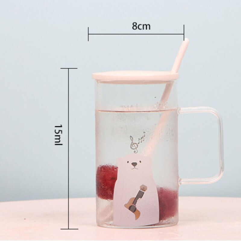 High borosilicate glass Glass Cup Bear Pattern Transparent Glass Bottle Drinking tea cup with Straw with Lid Cute Large Capacity