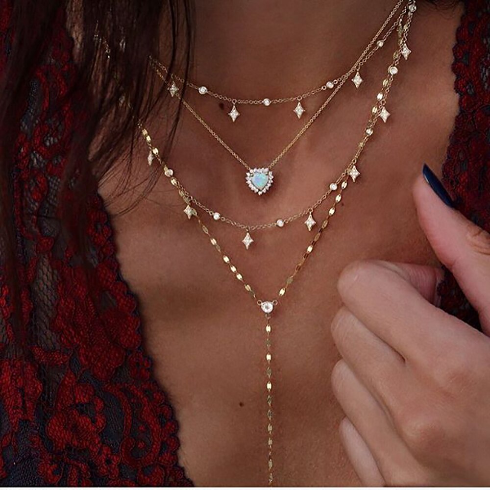 Vintage Crystal Geometry Star Moon Lock Necklace For Women Boho Multi-level Pendants Necklaces Chokers Jewelry: NE-0458-NE-0002-22