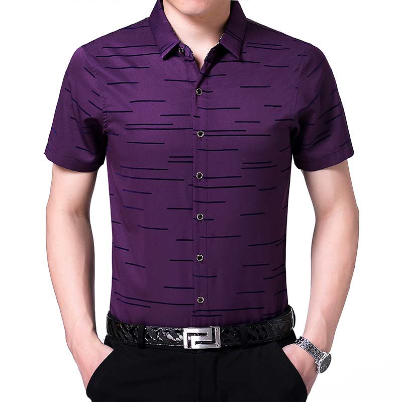 Summer Short Sleeve Men Shirt Striped Dress Casual Slim Fit Social Clothes Luxury Shirts Mens 6006: Purple / XXXL