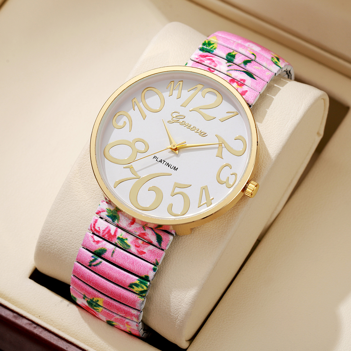 1/2/3/4 Uds. Reloj de Mujer con estampado de flores a la , correa elástica de lujo, relojes de cuarzo árabe, Reloj para Mujer y niñas (sin caja): Café