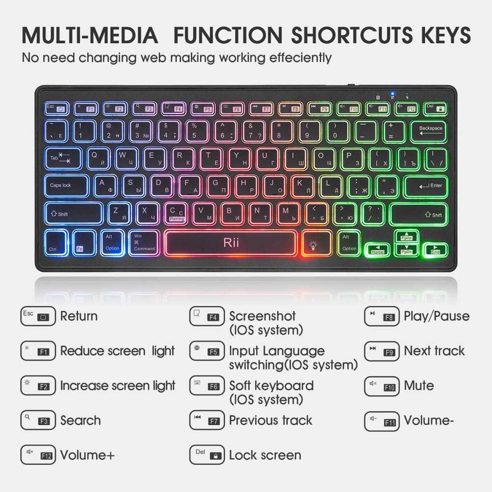 Rii Bluetooth 4.0 Wireless Multiple Color Rainbow LED Backlit Keyboard With Rechargeable Battery For iOS Android and MacBook