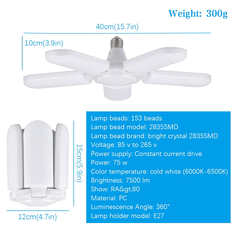 Deformable 5-blade LED Garage Light Five-Leaf Folding Fan Blade Garage Pendant Lamp Bulb 360-Degree Adjustable Ceiling Light