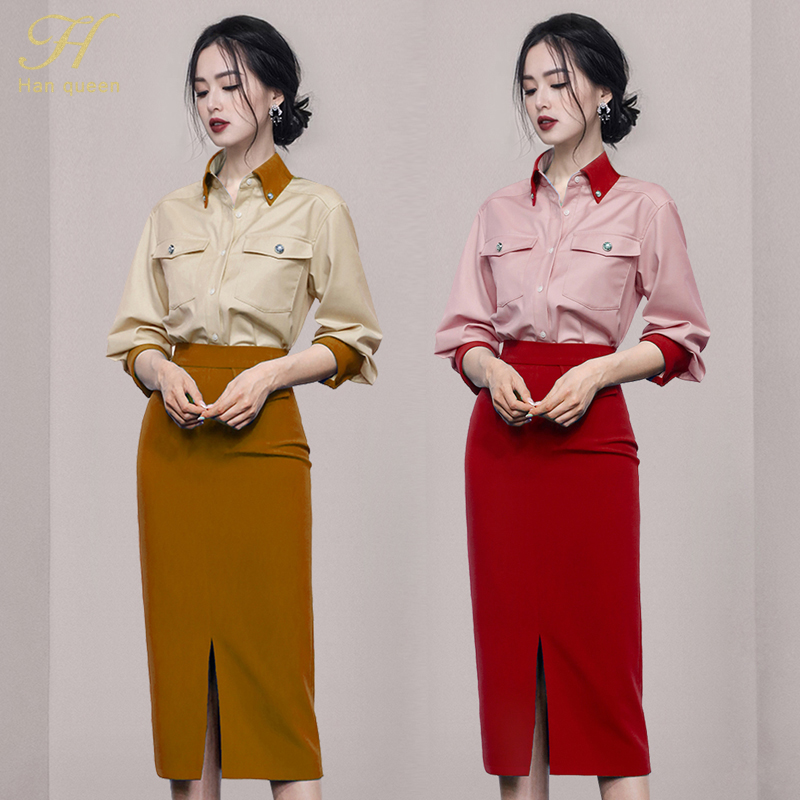 H Han Queen Women Work 2 Pieces Set Pocket Long Sleeves Blouses &amp; Split Sheath Pencil Skirt Korean Simple Skirt Suit