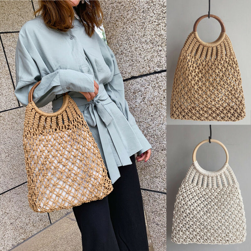 Women Boho Woven Handbag Summer Beach Tote Straw Bag Rattan Casual Shoulder Bags