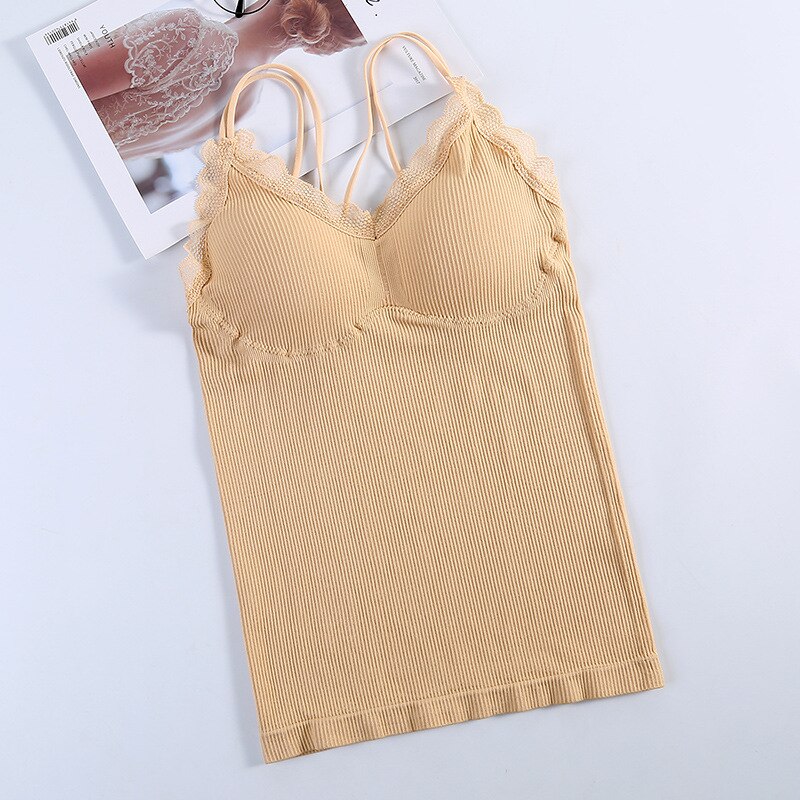 Kant Tops Vrouwen Tank Top Naadloze Tops Vrouwelijke Comfort Soft Ondergoed Top Dikke Herfst En Winter Verwijderbare Pad Hemdje: Skin