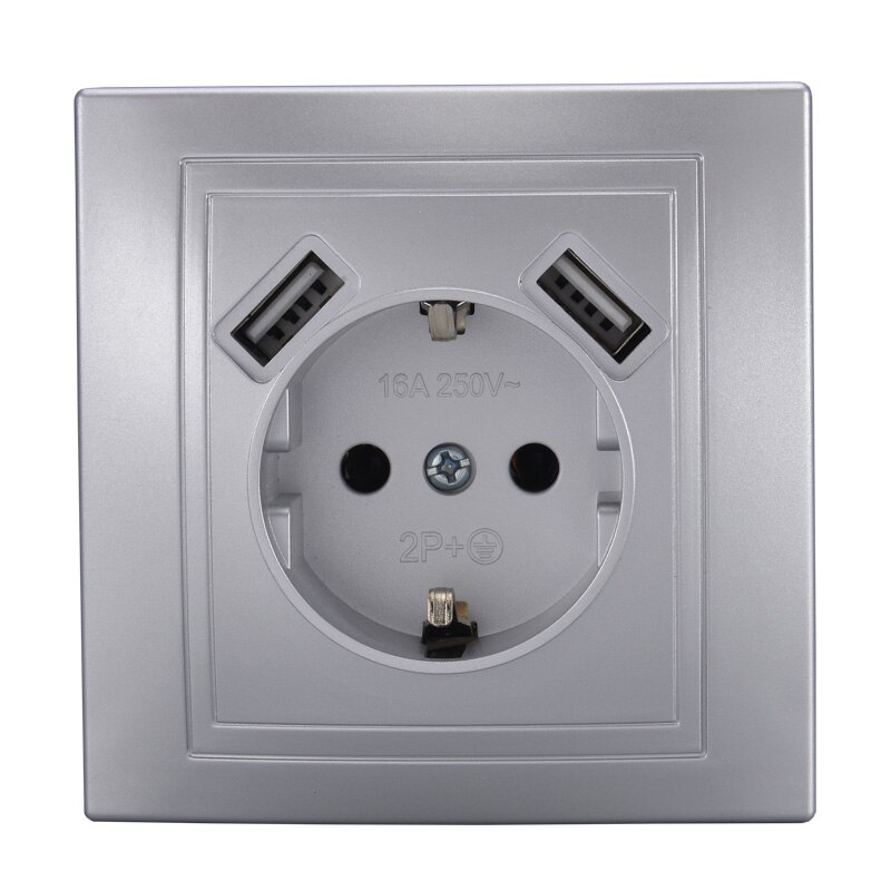 Enchufe USB doble de pared, puerto de carga USB de suelo 5V 2A, adaptador/cargador de pared, enchufe europeo con toma de alimentación USB, LZ-19 plateado