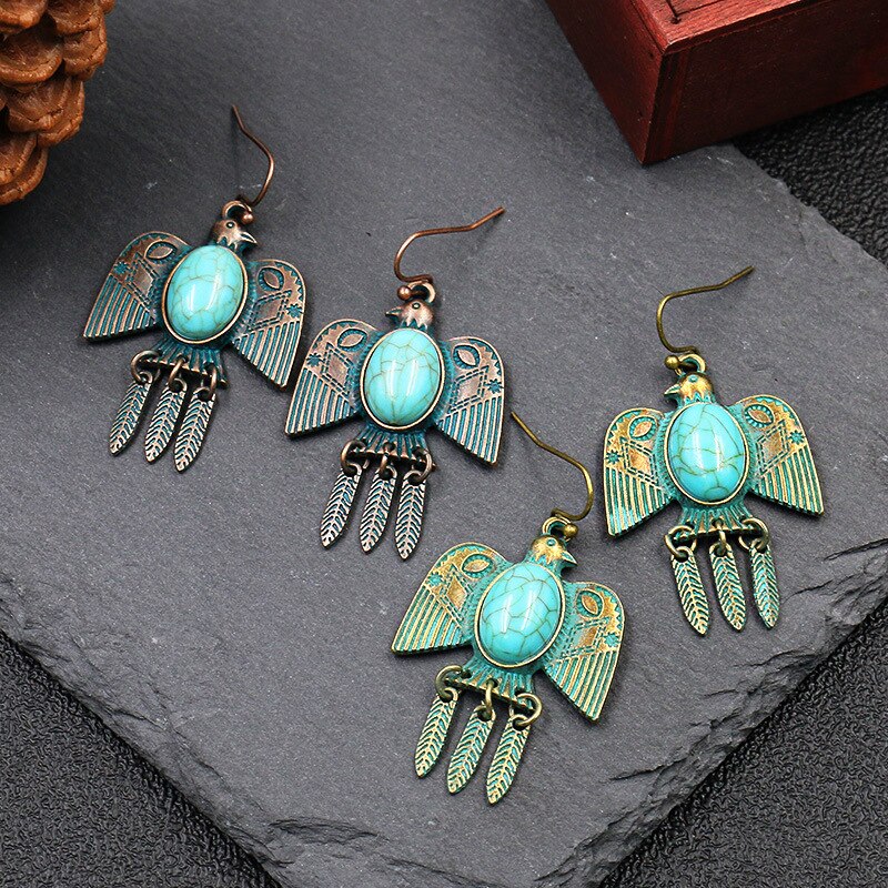 Pendientes colgantes étnicos de turquesas para mujer, aretes de Metal, color verde, bronce antiguo, con forma de paloma