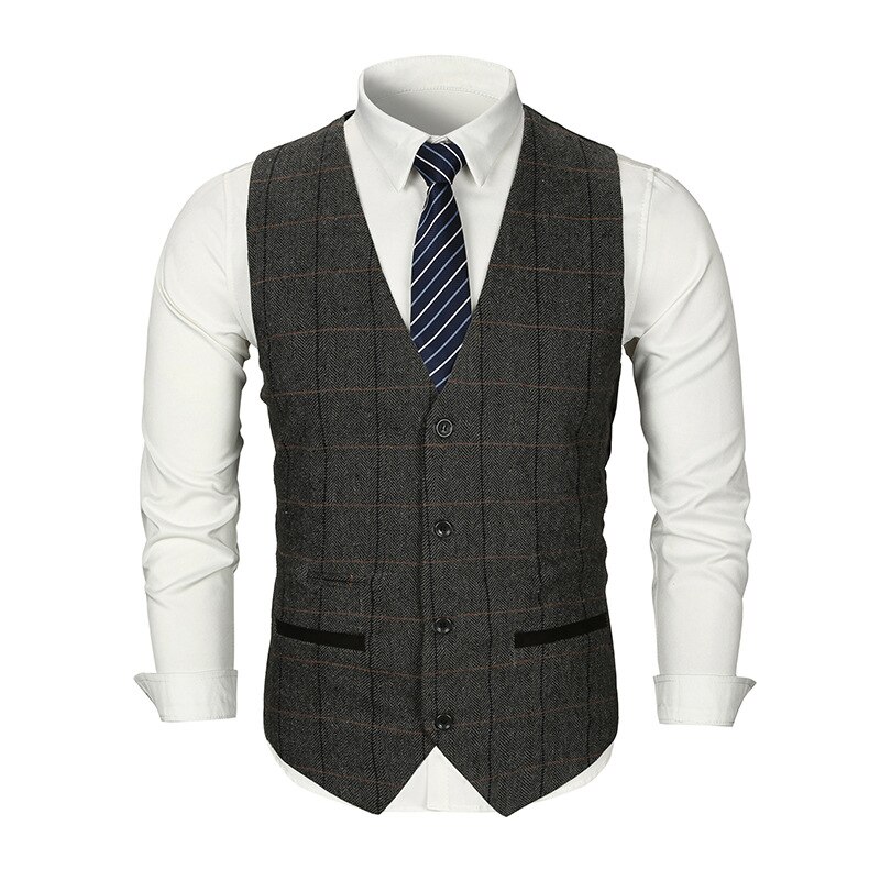 Grote Plaid Mannen Vesten Jurk Britse Stijl Mannen Gilet Business Casual Slim Fit Heren Vest Bruiloft Party Prom Vest voor Mannen: dark gray / European L