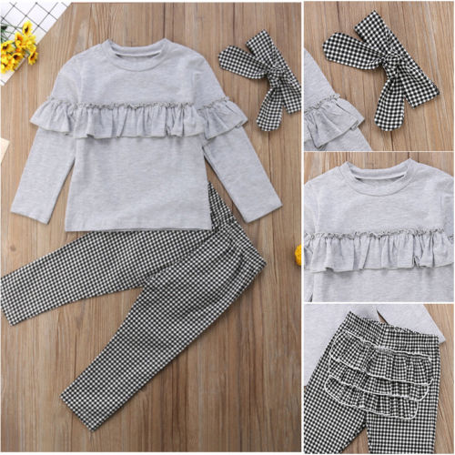 Bambino del bambino Bambini vestiti Del Bambino Della Ragazza Ruffle manica lunga Magliette e camicette + plaid Pantaloni Leggings + fascia per capelli 3 pz Outfits Vestiti set