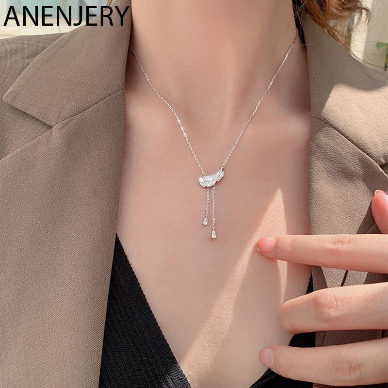 ANENJERY-collar de plumas de circonia cúbica brillante para mujer, Color plateado, collar de borla larga y delicada, S-N732