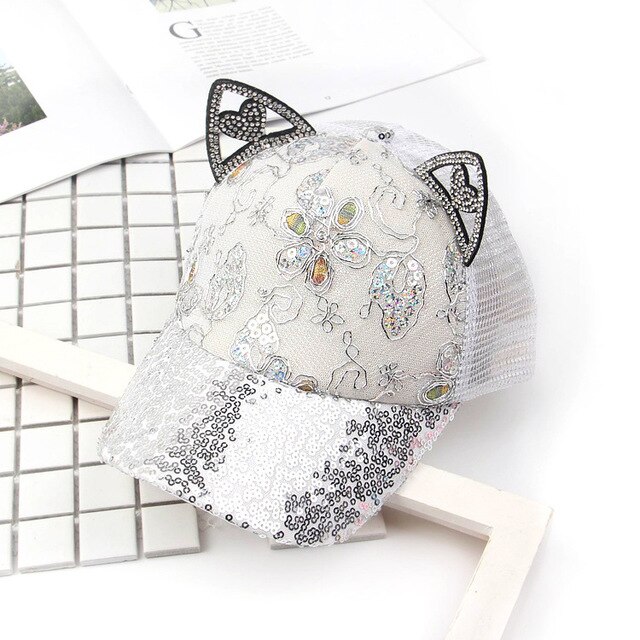 Gorra de béisbol con orejas de gato para niños, gorro de béisbol con orejas chica, visera con lentejuelas, temporada primavera: B1