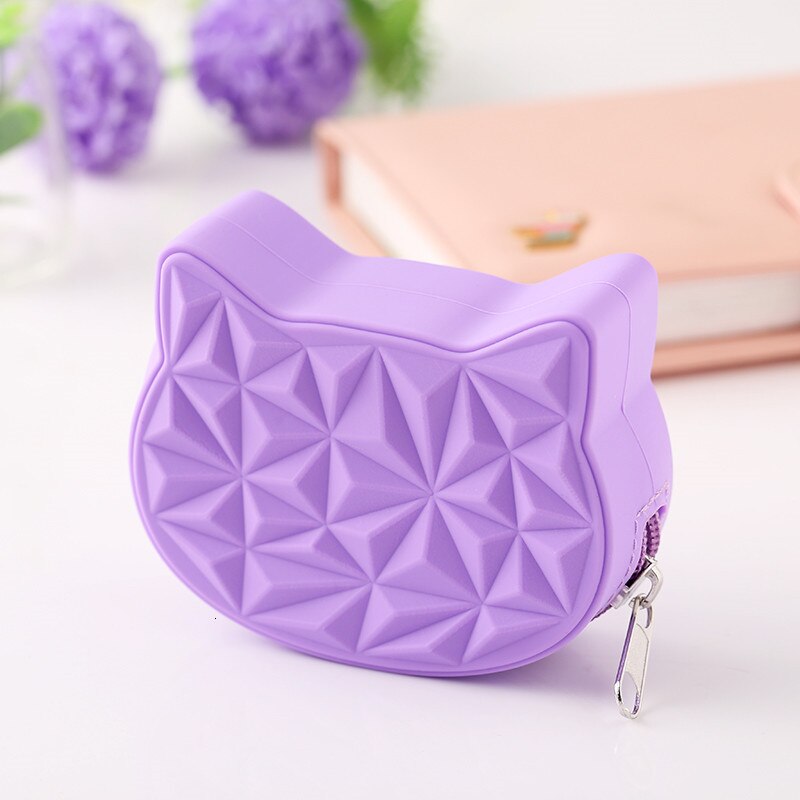 Cartera corta de silicona con forma de gato para mujer, monedero pequeño para chica, llavero para mujer, bolso de mano diario, bolso con auriculares Bluetooth, novedad: lilac