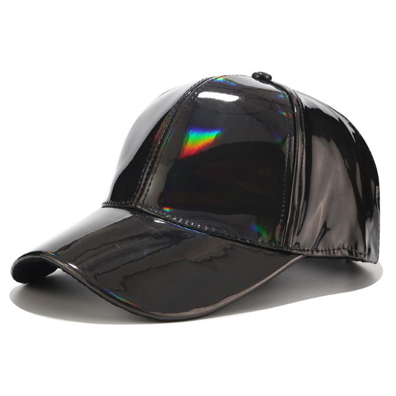 Mujeres Hombres Faux cuero gorra de béisbol brillo metálico holográfico Arco Iris reflectante Hip Hop ajustable Strapback Peaked sombrero: BK
