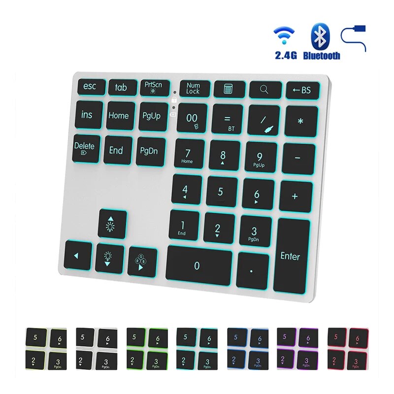 JOMAA 2.4G Bluetooth numeriek toetsenbord Draadloos oplaadbaar numpad-toetsenbord voor iPad Laptop Bedraad nummertoetsenbord: Zilver