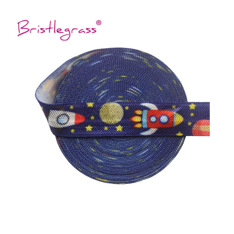 Bristlegrass 2 5 10 yard 5/8 &quot; 15mm ruimteraket ster print vijand vouw over elastische spandex satijnen band haarelastiek hoofdband diy naaien