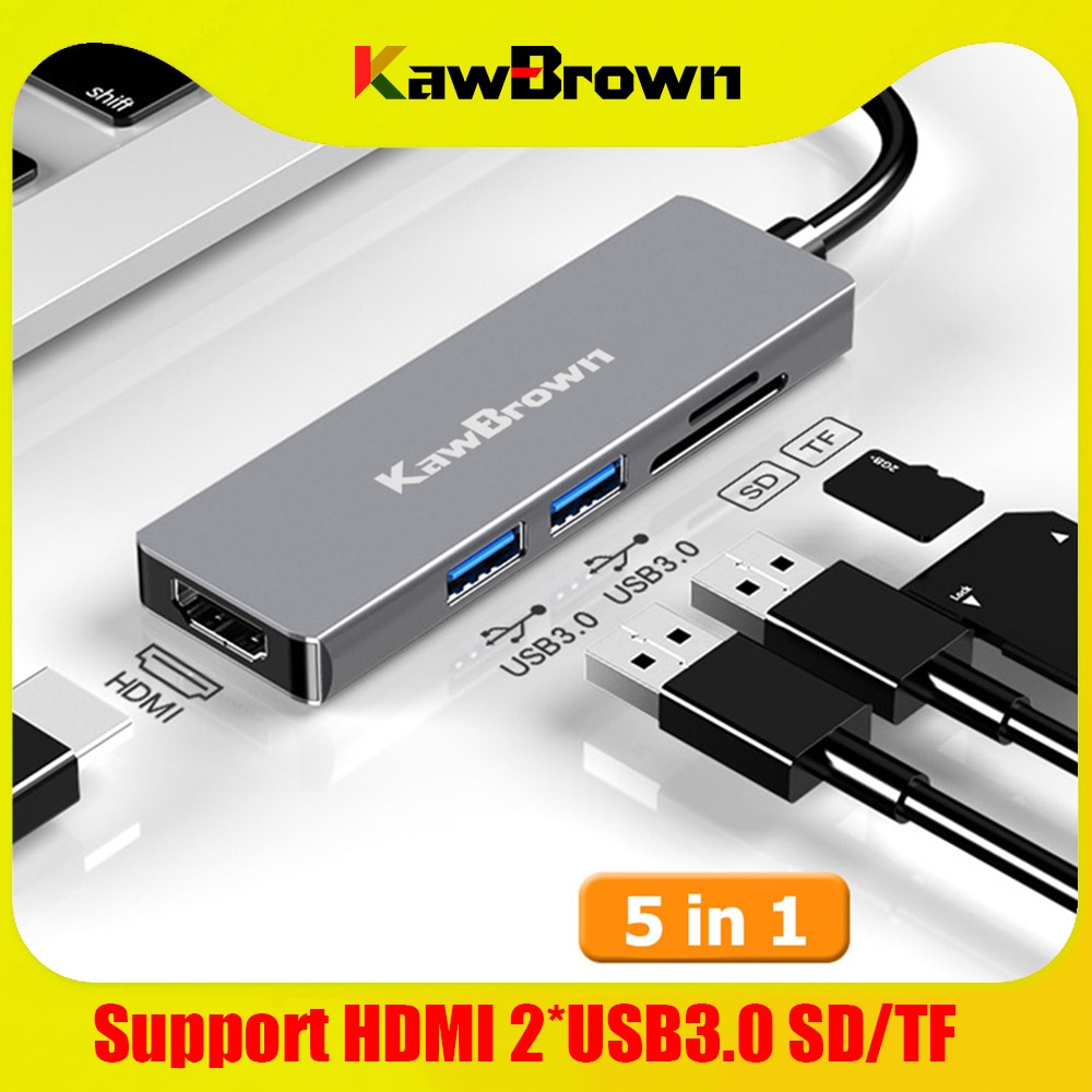 KawBrown 5 in 1 Multi USB C Docking Station Hub Support Type C to 2 Ports USB 3.0/4K HDMI/TF/SD Card for Laptop Macbook xiaomi