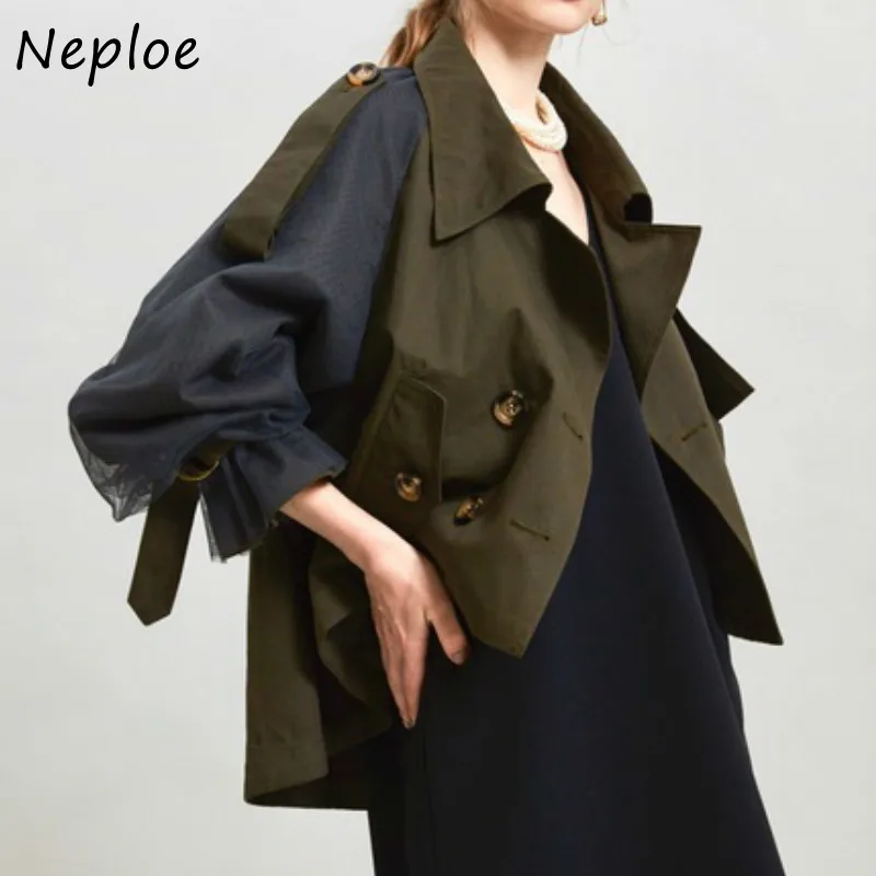 Neploe Double Breasted Mesh Patchwork Jas Vrouwen 2025, Turn-down Kraag Jas Herfst Panelen Zachte Flare Mouw Tops