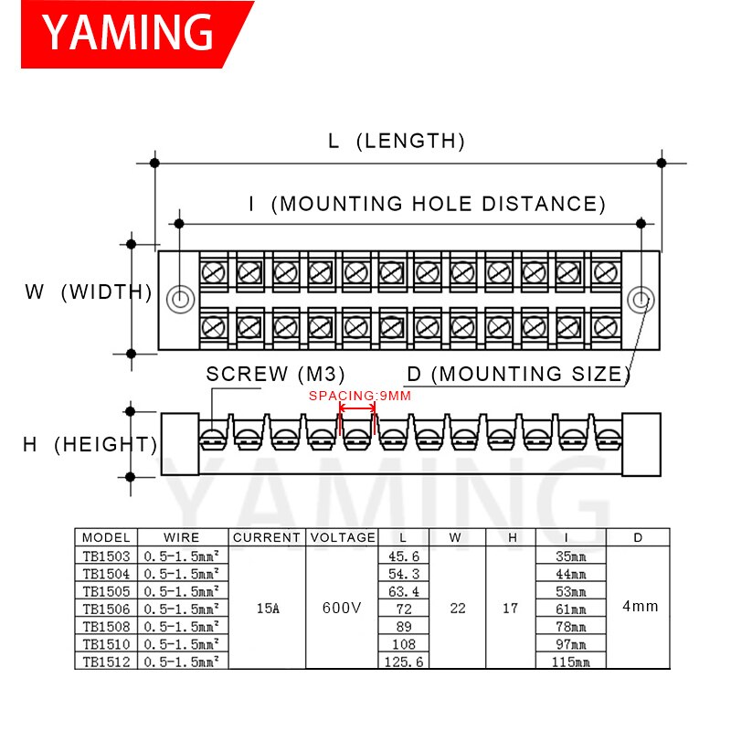 1Pcs TB-15 Series Dual Row Barrier Screw Terminal Block Strip Wire Connector 600V 15A 3/4/6/8/10/12 Positions Optional