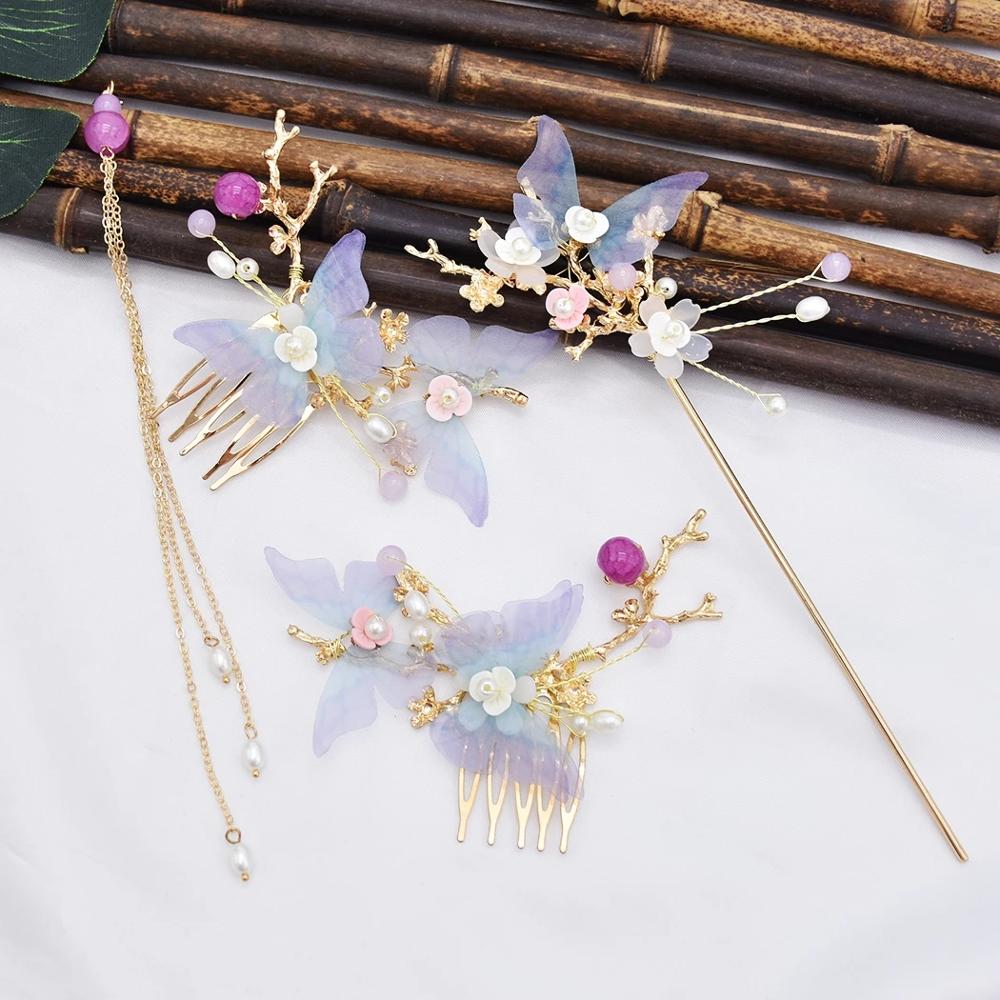 Women Hanfu Pearl Long Tassel Flower Hair Sticks Hairpins Hair Combs Set Chinese Style Bridal Wedding Hair Accessories: Default Title