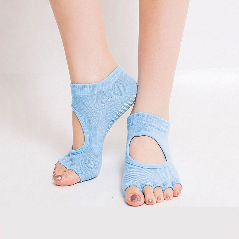 WOYYHO de Yoga-Calcetines antideslizantes con cinco dedos para mujer, medias deportivas transpirables con la espalda descubierta para ejercicio en el gimnasio, medias de algodón para masaje y Fitness: Azul