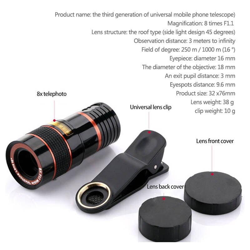 Mobiltelefon kamera linse 8x zoom teleobjektiv eksternt teleskop med universal klips til smartphone: Sort