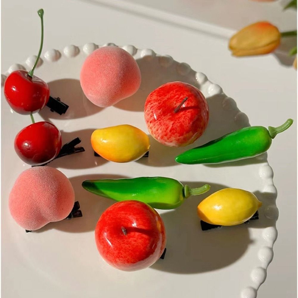 Horquilla de fruta de simulación de cereza dulce, comida falsa de limón, pinza para el pelo bonita, accesorios para el cabello de dibujos animados para mujer, diario